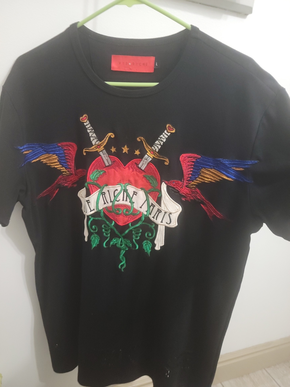 Vie Riche Paris Mens Black Embroidered Heart & Swords Graphic Tee
